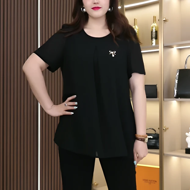 2025夏季新款大码女装时尚气质百搭透气显瘦胸针假两件小衫ZB7019