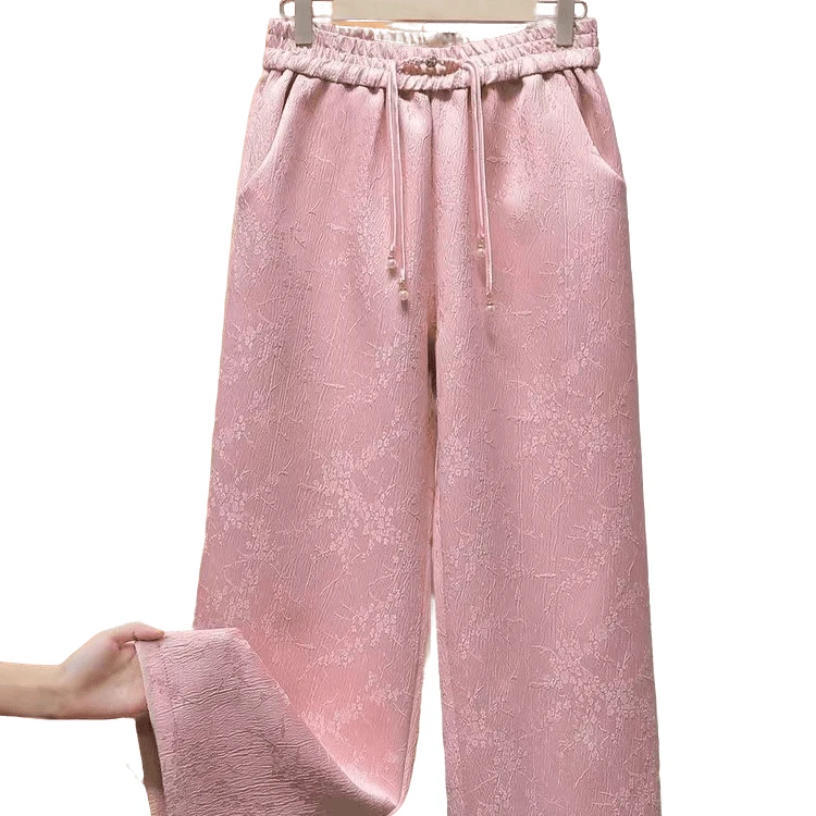 043松紧腰国风肌理感提花新中式裤子女设计感直筒阔腿裤