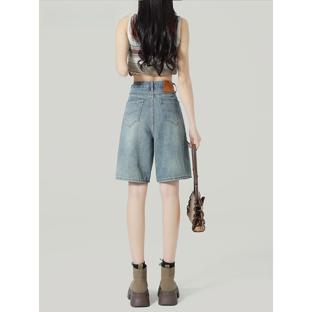 高腰五分牛仔短裤女士春夏季2025新款宽松时尚直筒小个子5分中裤