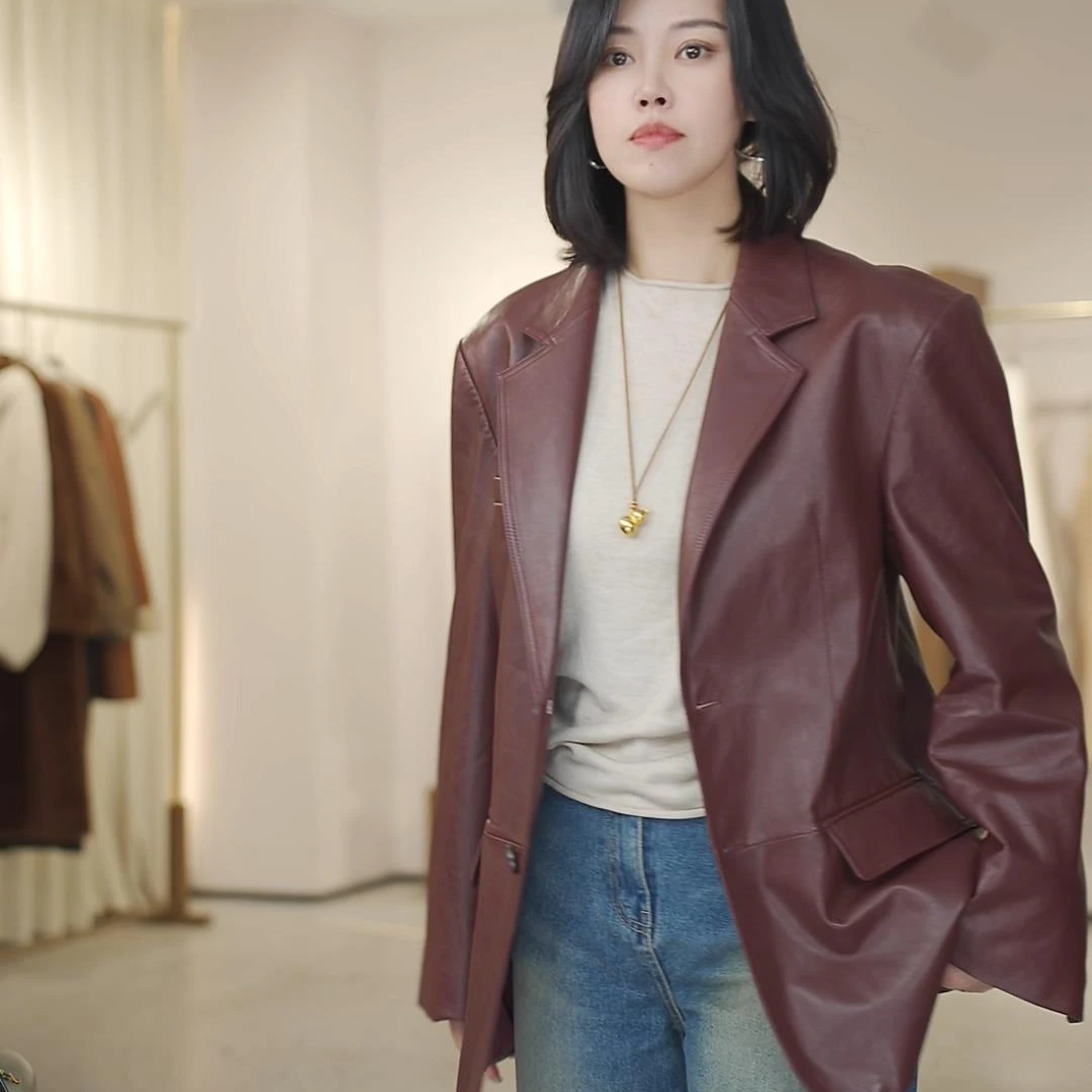 海宁真皮头层绵羊皮女士宽松中长款休闲皮衣-6059