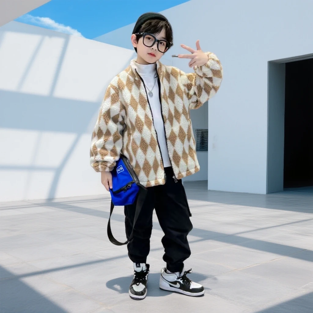 200381童装男童棉衣外套2025冬韩版潮酷加绒加厚羊羔毛棉服外套潮