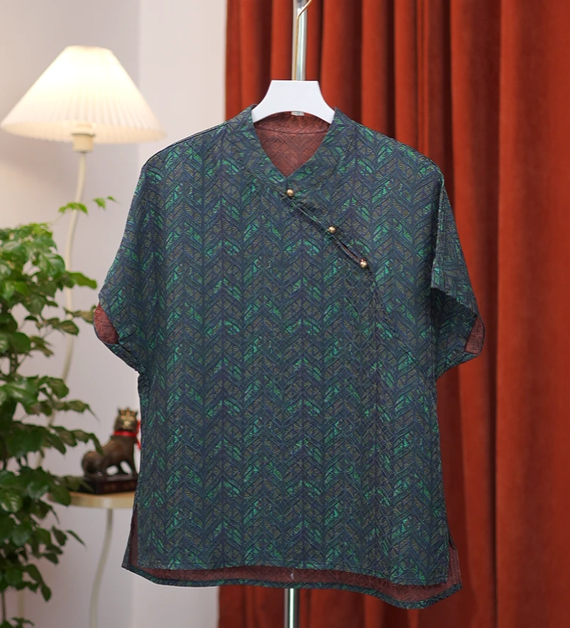 [钱串子] 新中式高定立领斜襟真丝香云纱短袖小衫百搭宽松显瘦