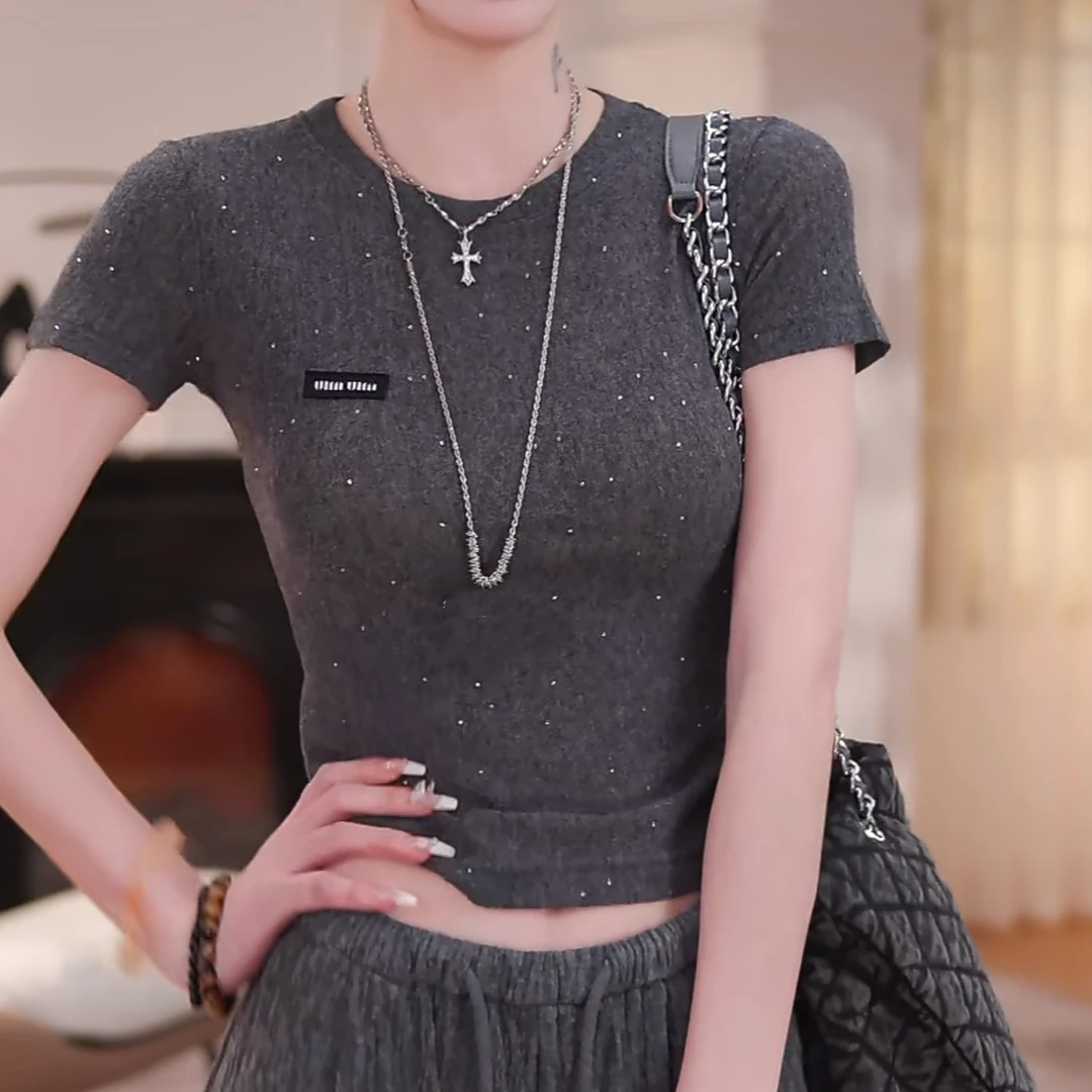 设计感时尚通勤烫钻短袖t恤2025夏季新款显瘦修身内搭复古打底衫