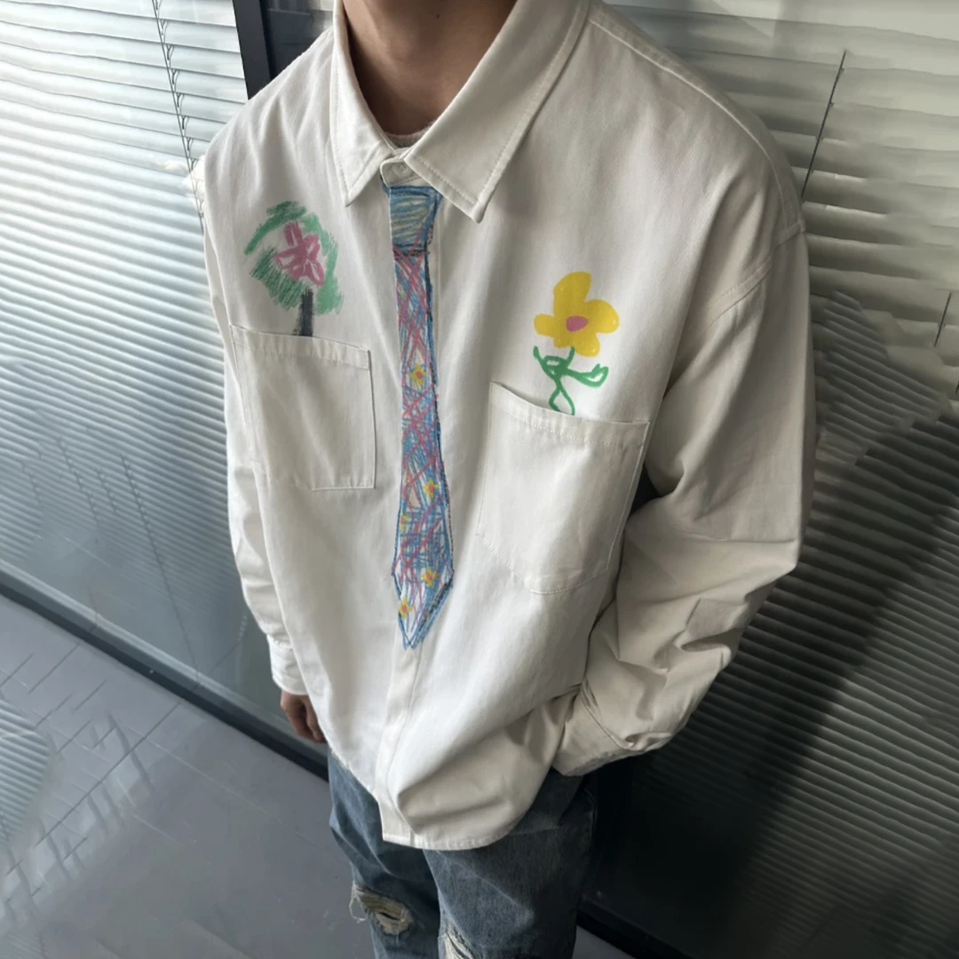 7616 白色衬衫男女款春秋季长袖手绘领带诚意内搭日系学院风外套