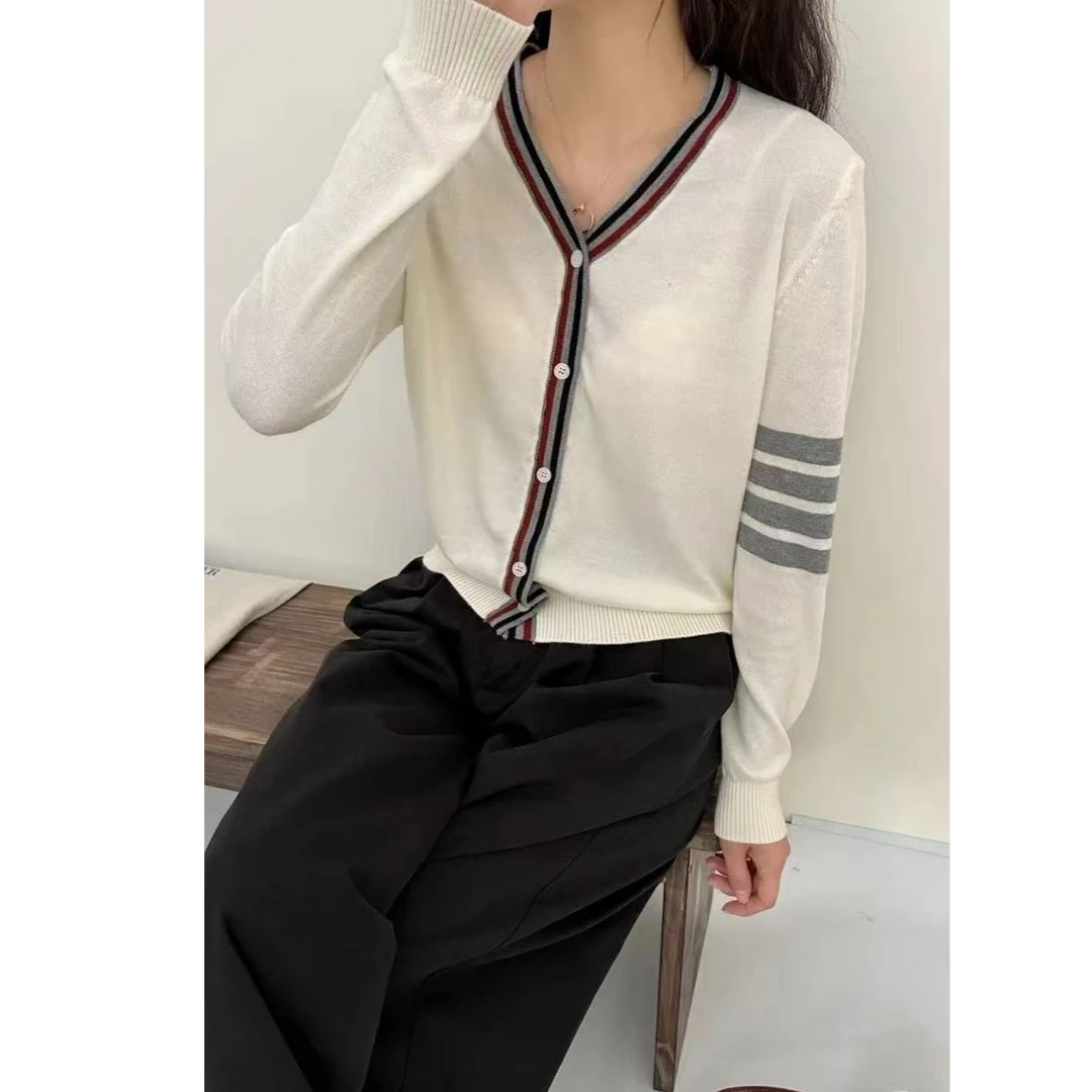 早秋新款ins风V领宽松百搭撞色长袖气质针织开衫打底上衣女1278-3