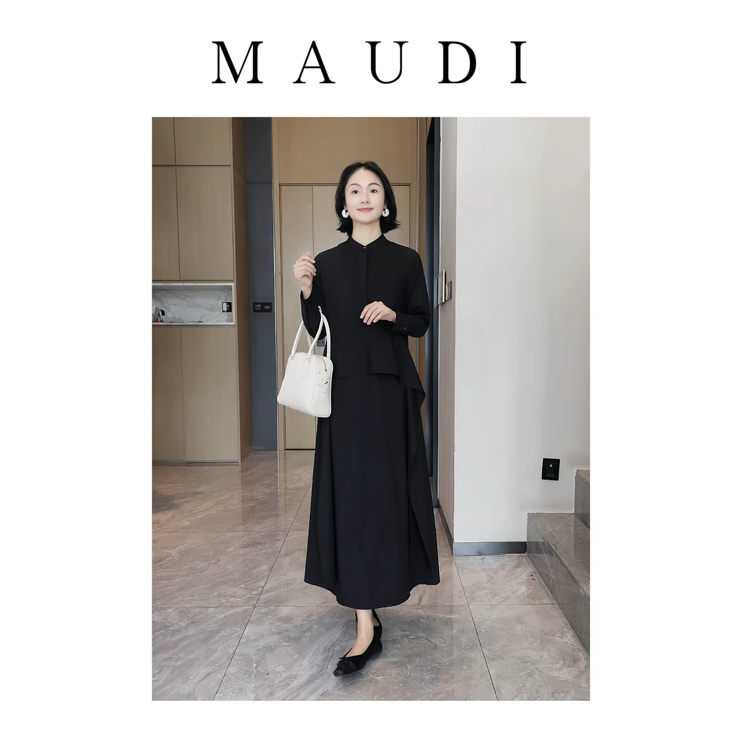 MAUDI优雅公式精致设计感黑色新款显瘦秋季通勤长袖连衣裙8209