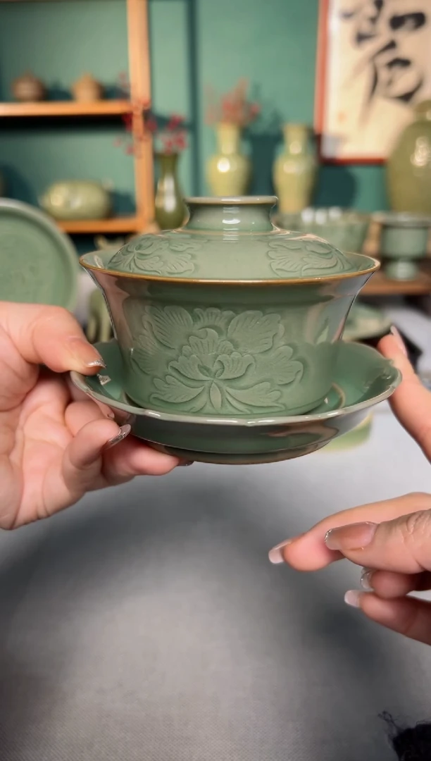 【闪购商品】其他耀州窑纯手工牡丹三才盖碗微瑕特价