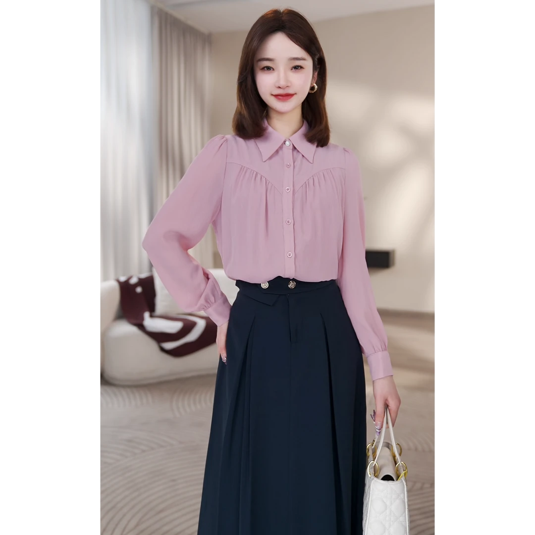 【曼贝】长袖衬衫女宽松气质百搭简约通勤职业上衣8393102【佳莹】