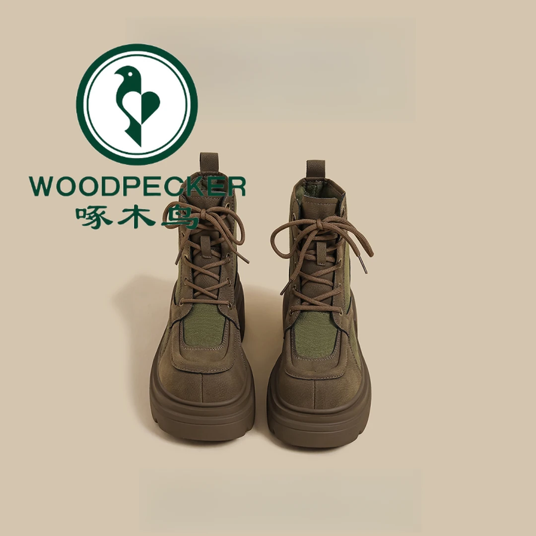 啄木鸟2025年秋冬季新款厚底马丁靴女拼接复古系带英伦风骑士短靴