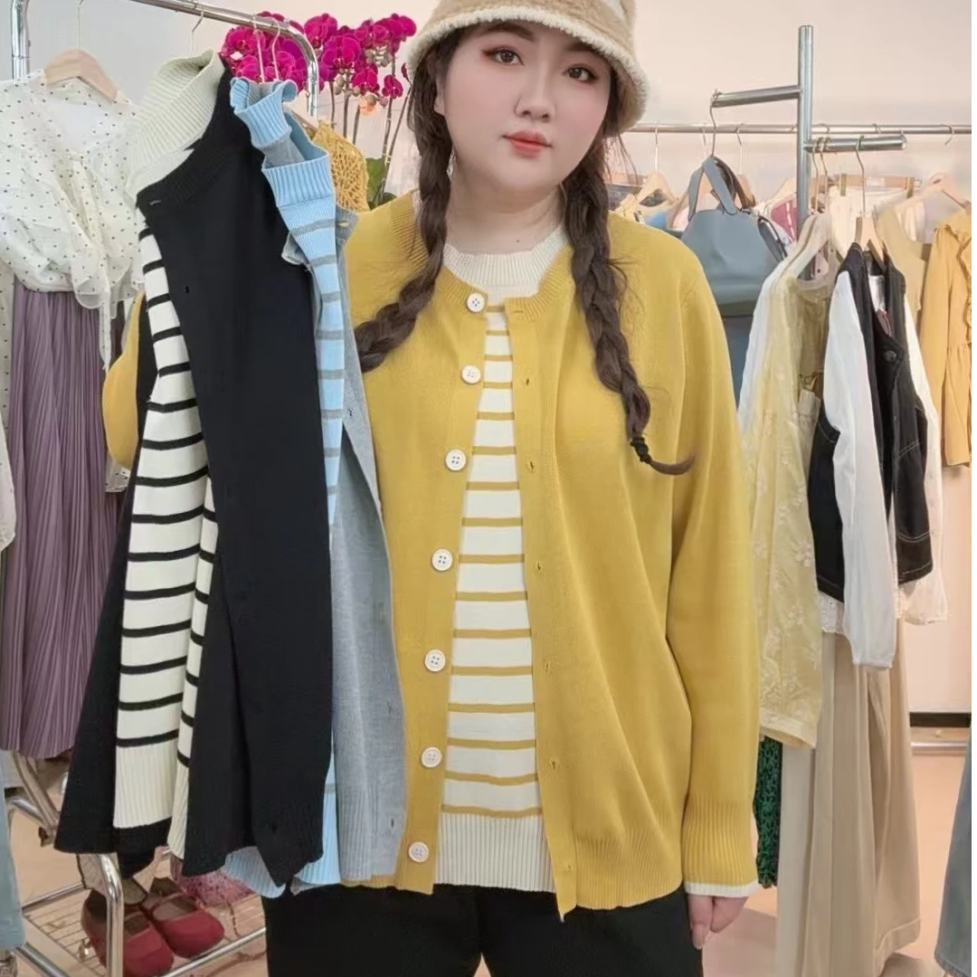 春季百搭条纹长袖假两件气质显瘦休闲时尚圆领毛衣针织开衫女903