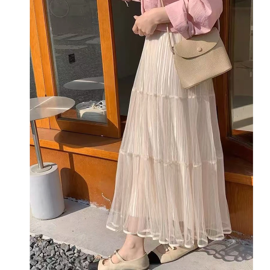 亮丝网纱半身裙女春款2025新款中长款a字高腰百搭两面穿百褶纱裙