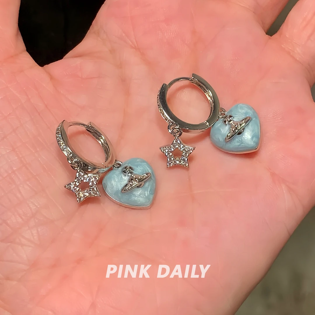 铜合金耳饰 Pink Daily蓝色爱心土星吊坠耳环女星星耳扣小众