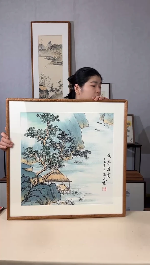国画手绘*溪亭清赏*62*62cm实木框