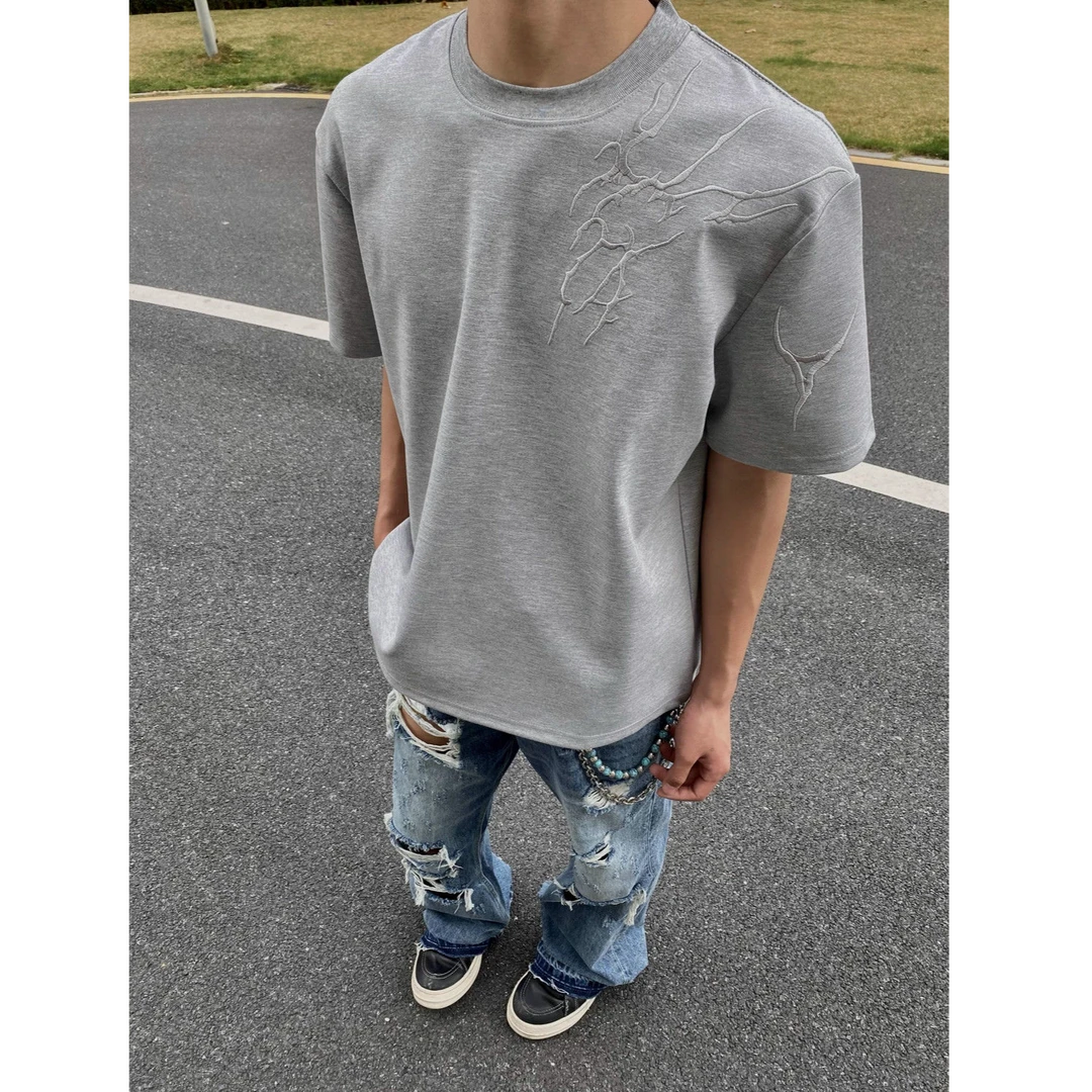 刺绣暗纹短袖t恤男2025夏季百搭休闲衣服新中式国风潮半袖上衣男