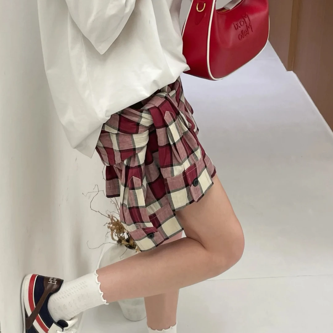 ANN M 25春夏新款格纹短裤两件套