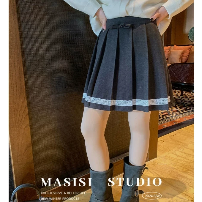 【宠粉回馈】马西西胖mm蕾丝拼接毛呢百褶半身裙大码女装短裙裙子