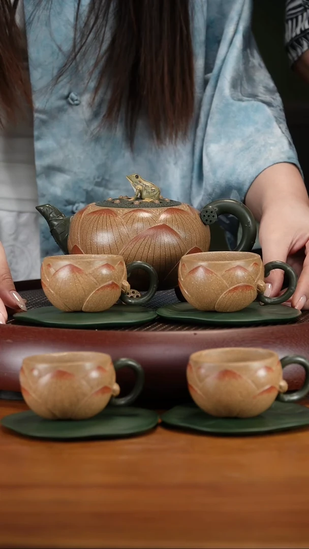 茶壶紫砂115ZXJ青蛙莲子套组 老段泥450cc