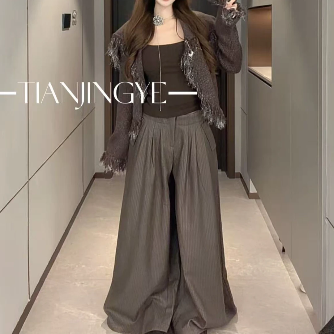 JINGYE/25~新款加厚条纹垂感压褶阔腿休闲裤