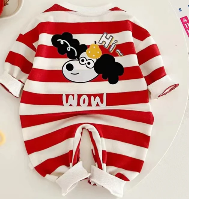 春季新品宝宝衣服 色织条纹个性男女婴儿哈衣爬服