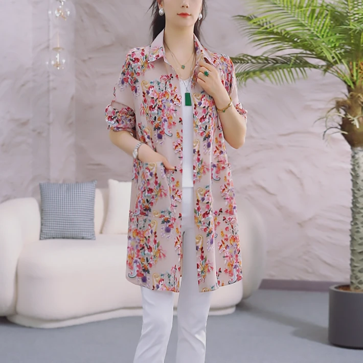 【粉色小繁花】春夏新款洋气款繁花衬衫宽松遮肚丝滑垂顺防晒开衫女
