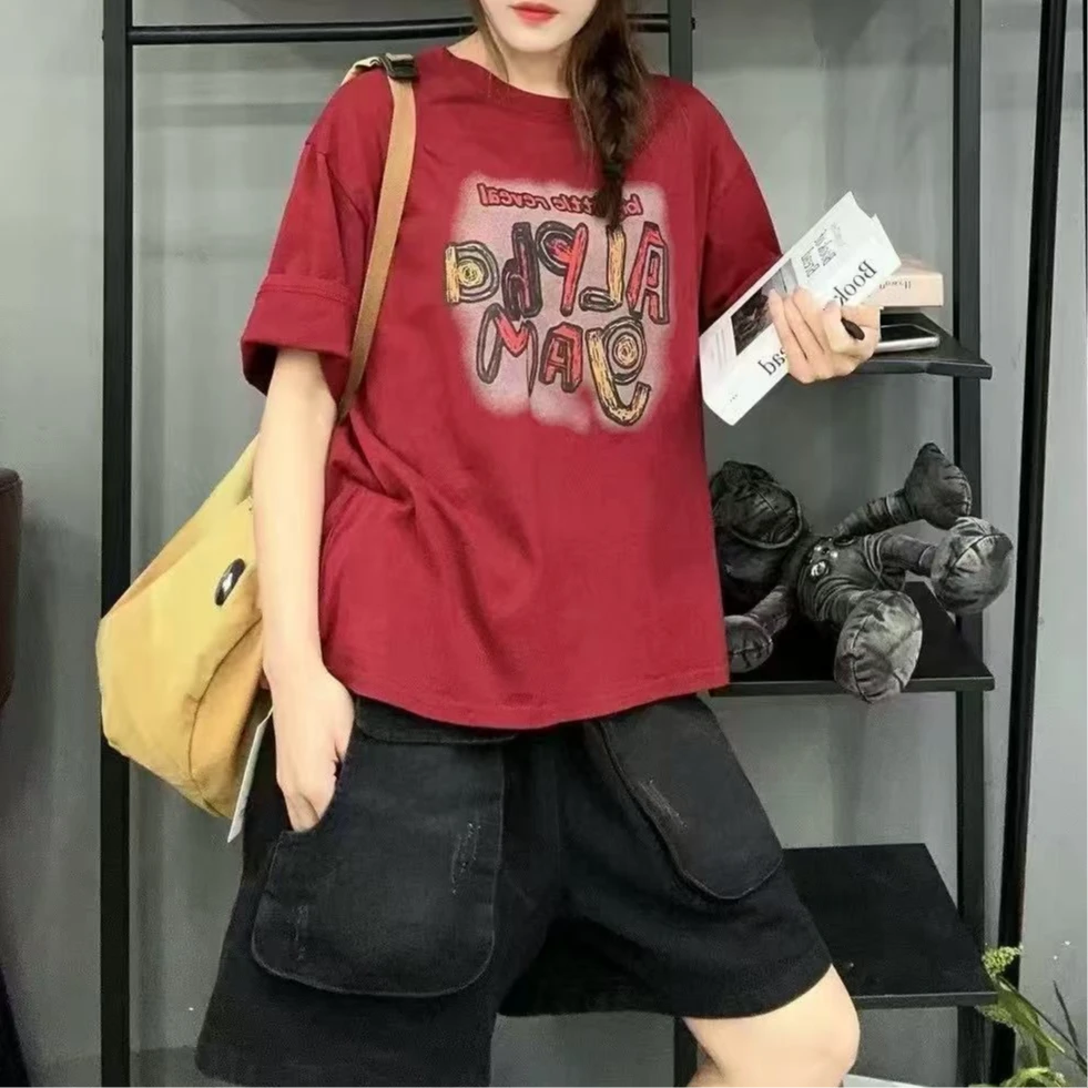 复古百搭显瘦彩色字母印花T恤（衣长71左右）