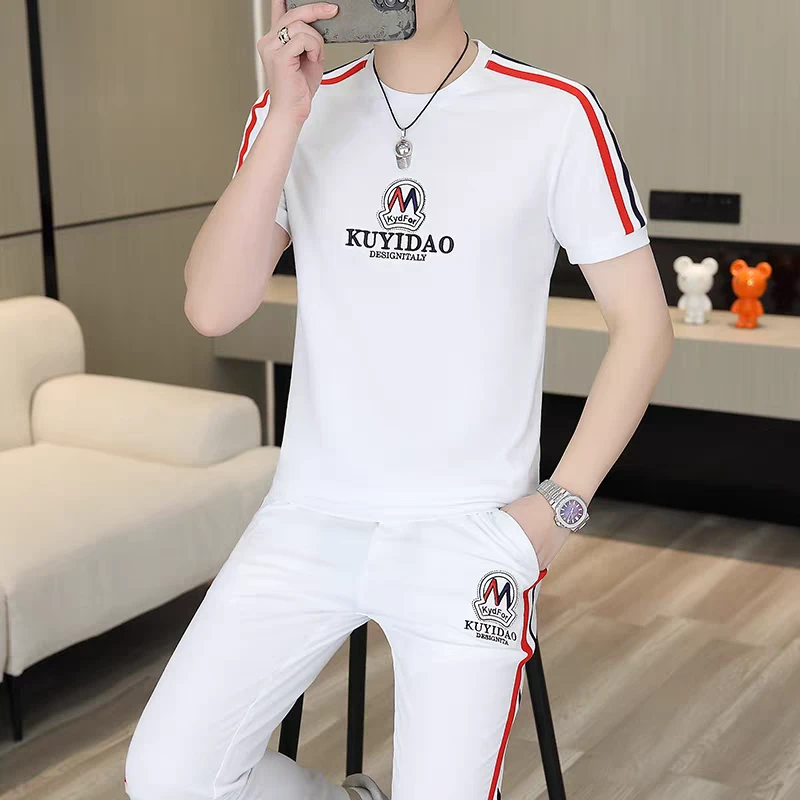 夏款M蓝红织带男士圆领运动潮流百搭时尚夏季清凉休闲短袖套装