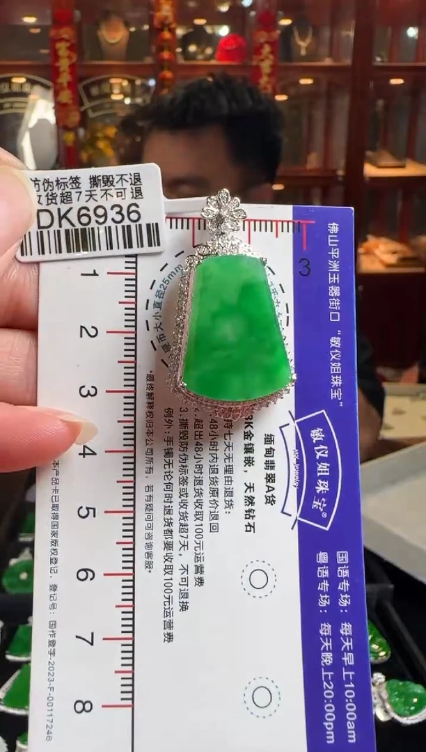 颈饰18K金镶嵌翡翠DK6936冰绿无事牌