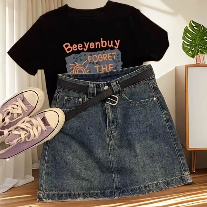 2025新款时尚减龄T恤短袖牛仔大码胖mm夏季套装女短裙显瘦两件套