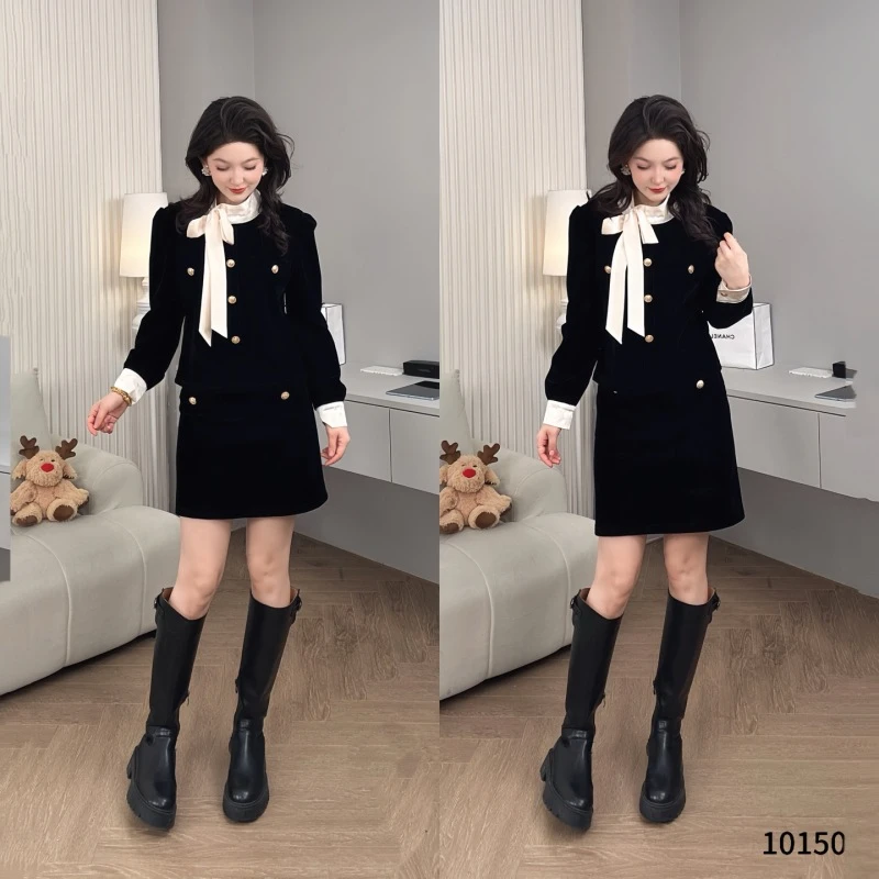 Saeda品牌女装小香风法式蝴蝶结丝绒富家千金两件套YF10150