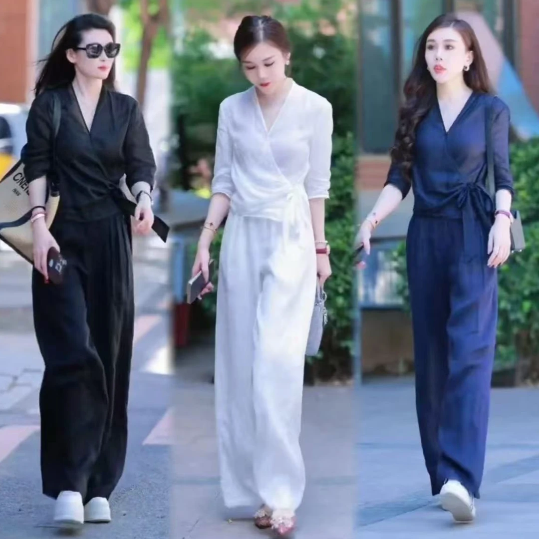 夏秋时尚气质大V领两件套宽松显瘦系带女士套装设计师薄款透气