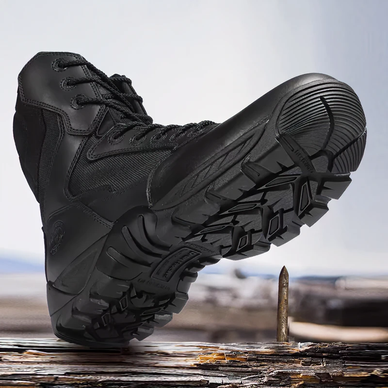 君洛克D14099防刺拉链作战靴男士战术靴牛皮黑色耐磨防滑户外靴子
