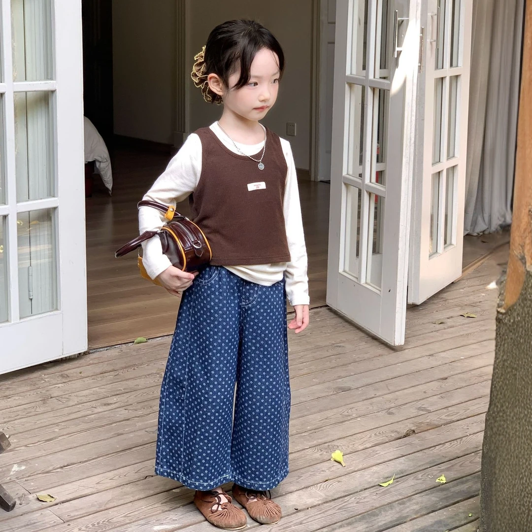2025秋季款韩系叠穿女童洋气真两件T恤上衣女宝洋气碎花牛仔裤