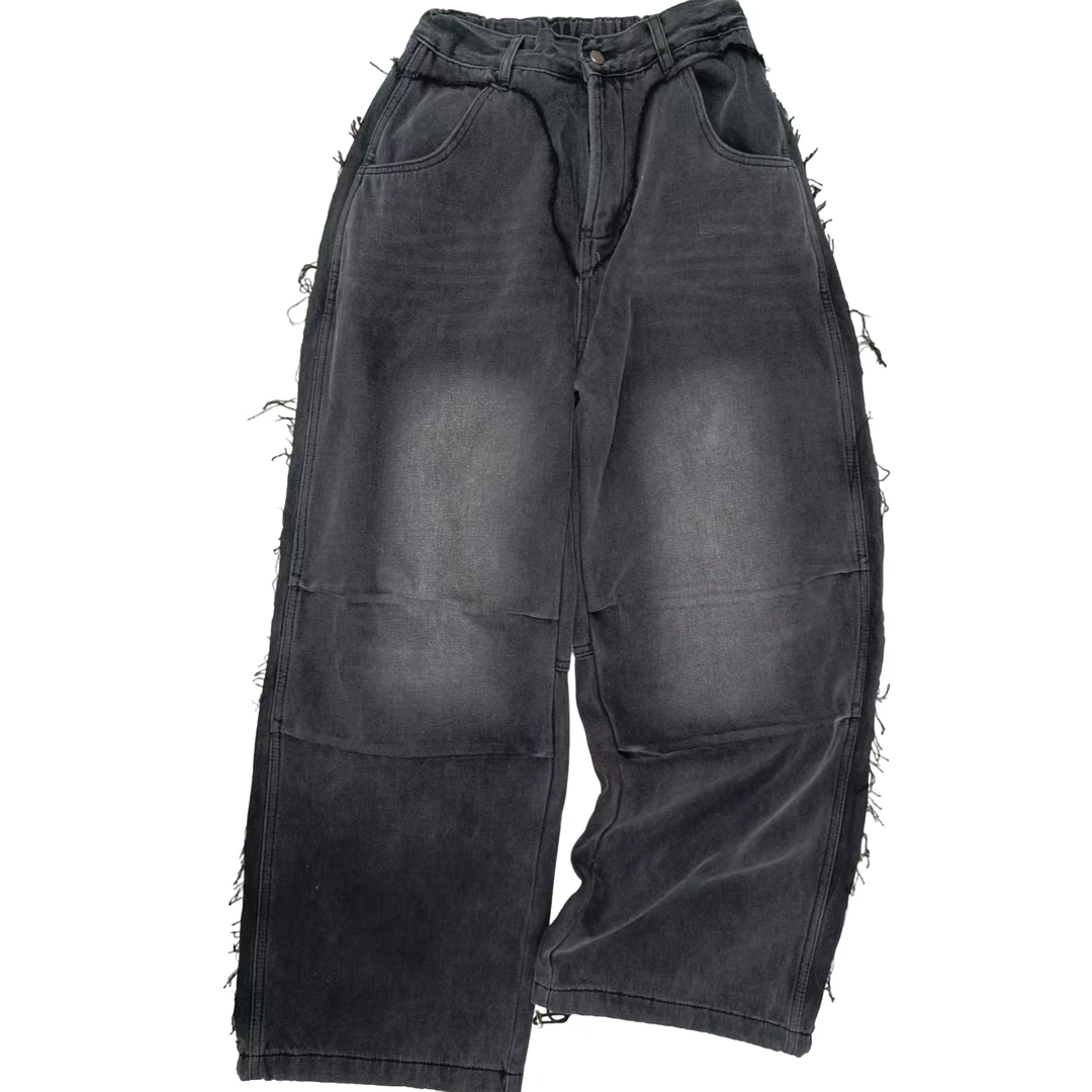 02572125个性时尚小众休闲酷帅风直筒毛边加绒牛仔裤