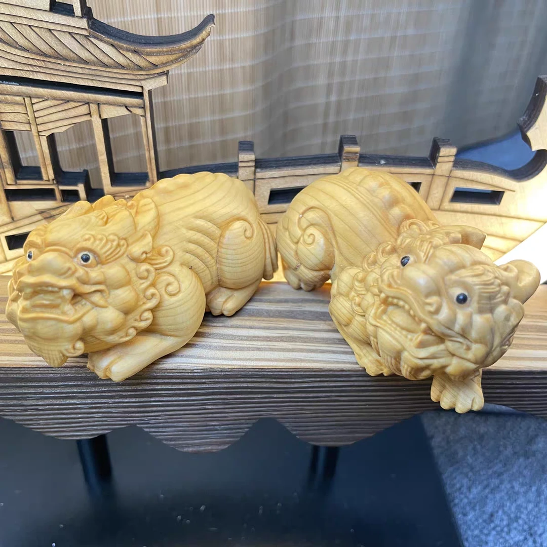 崖柏木雕公母貔貅文玩把件