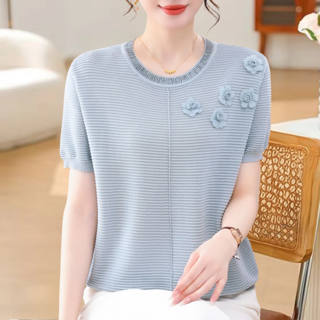 2025新款妈妈夏装洋气冰丝短袖针织上衣中老年女薄款针织时尚小衫