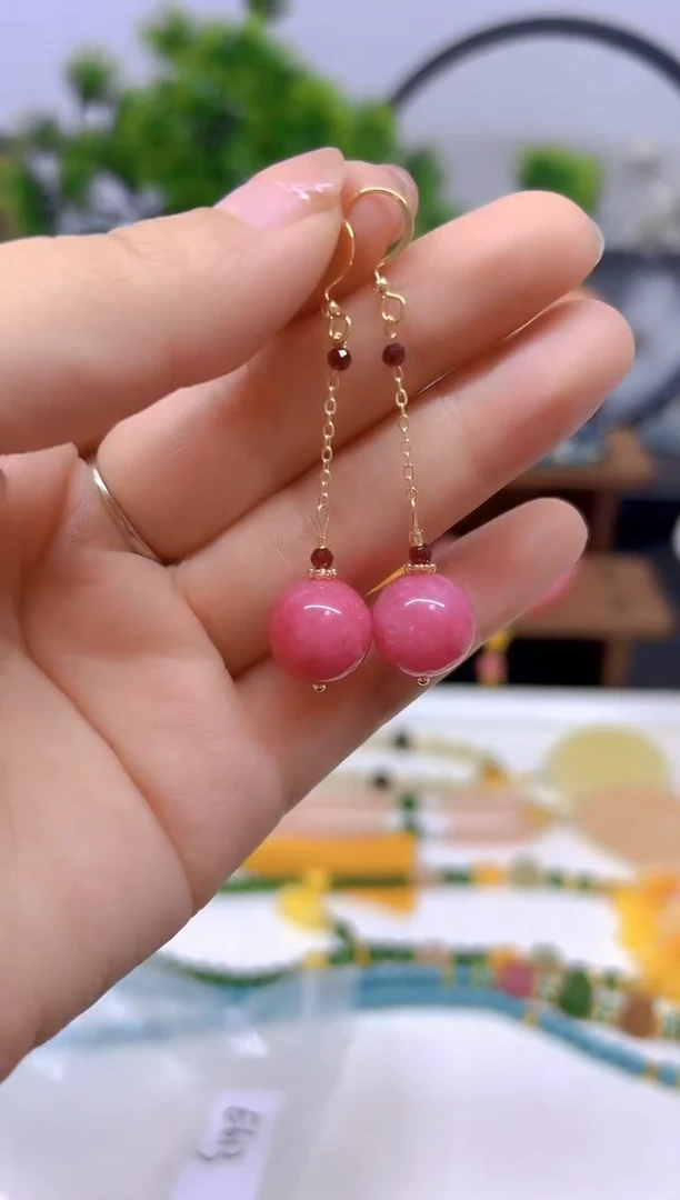 菱锰矿（红纹石）14K金镶嵌耳坠E613