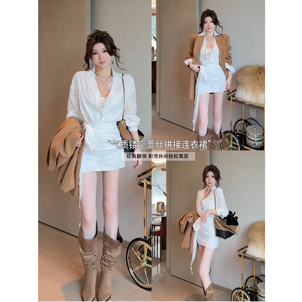 【现货】馥芮白栀-法式气质镂空蕾丝拼接收腰长袖连衣裙S11102