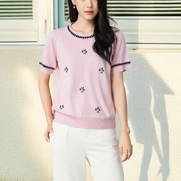 2025新款短袖t恤女圆领绣花薄冰丝针织衫春宽松显瘦打底衫上衣女