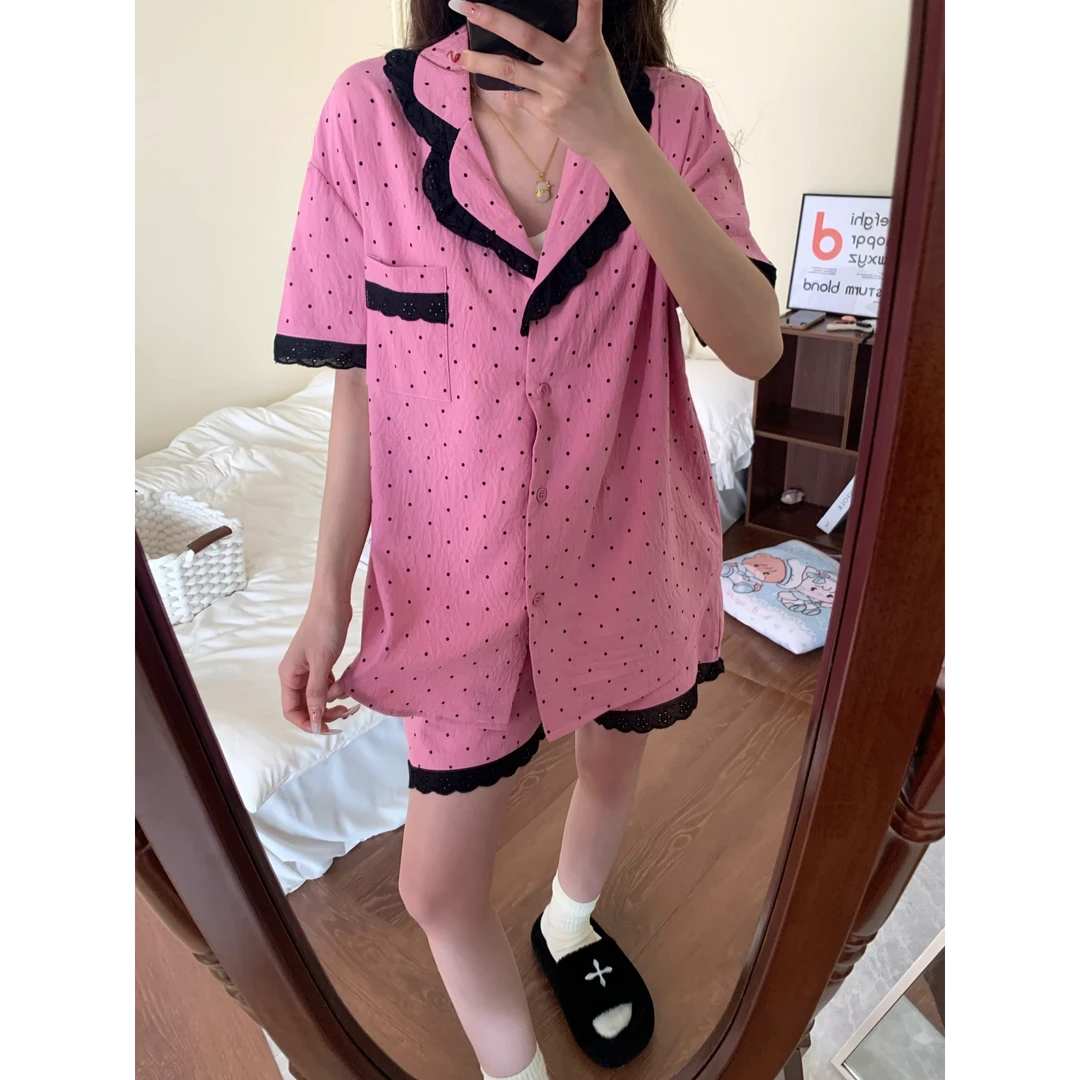 【粉色波点】甜美蕾丝开叉棉纱短袖睡衣女夏季短裤套装可外穿家居服