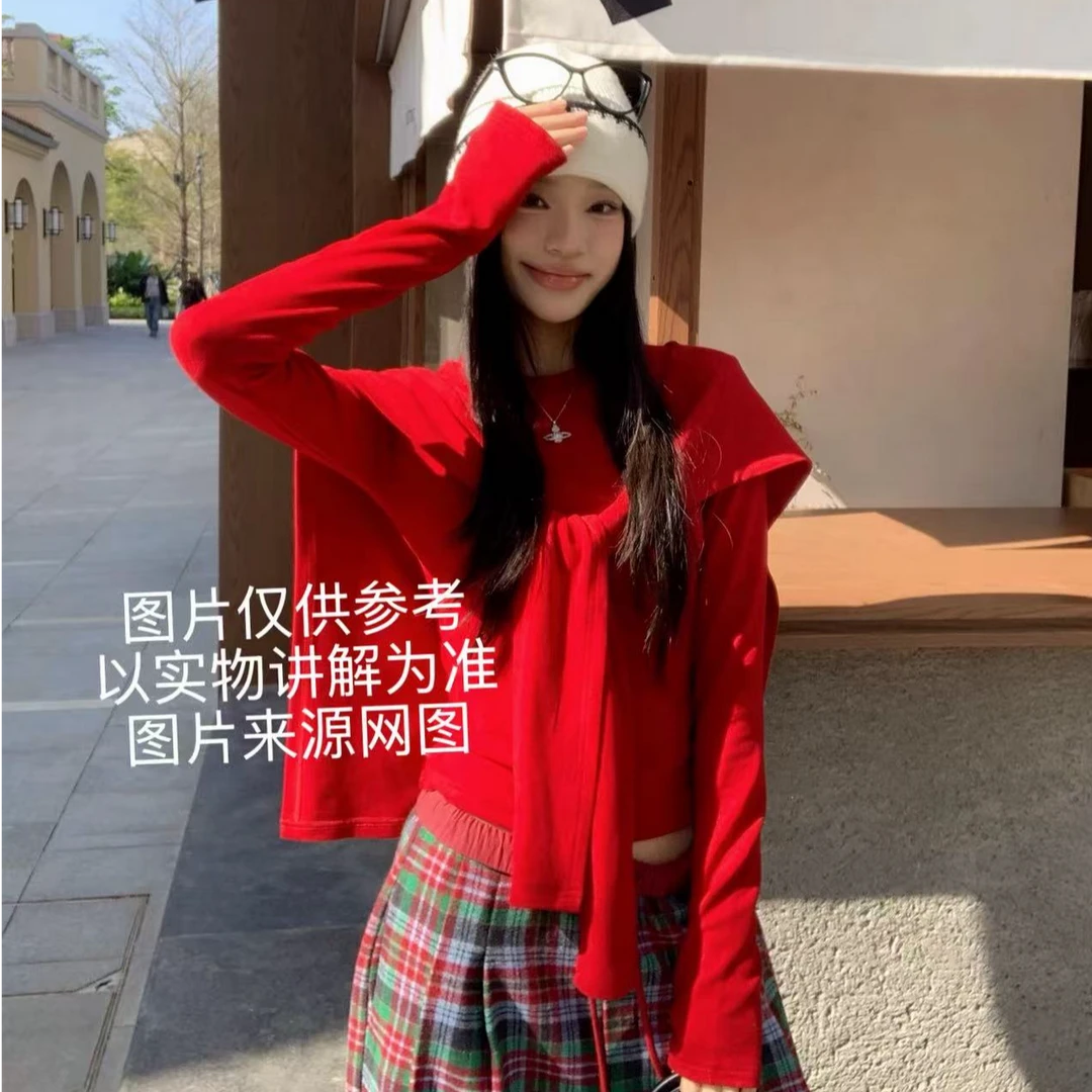 2025冬季新款大码女装韩系氛围感针织衫披肩+格子阔腿裤两件套