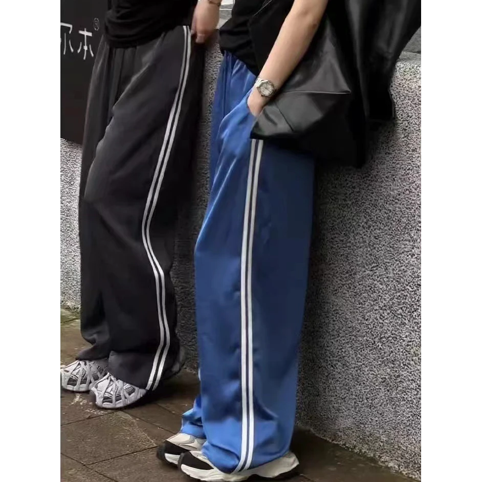 巨舒服！巨喜欢这件！蓝色休闲运动宽松高腰垂感直筒阔腿裤子女夏季