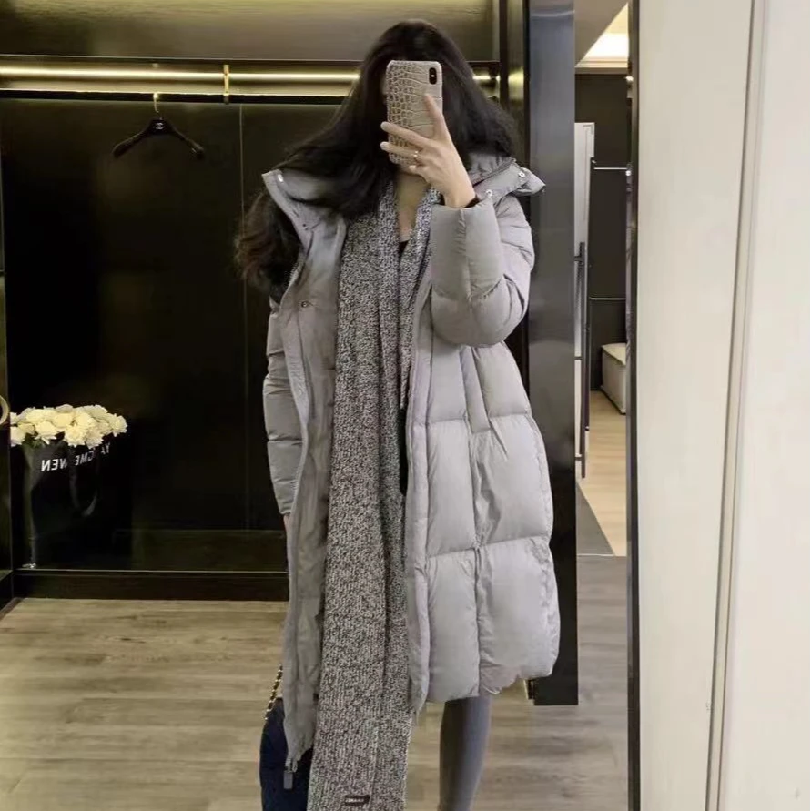 2024冬新款韩版时尚连帽90白鸭绒羽绒服女中长款过膝加厚保暖外套