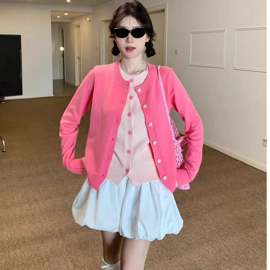 【现货】甜美风粉色拼接假两件针织衫女款春秋款外套设计感短款上衣