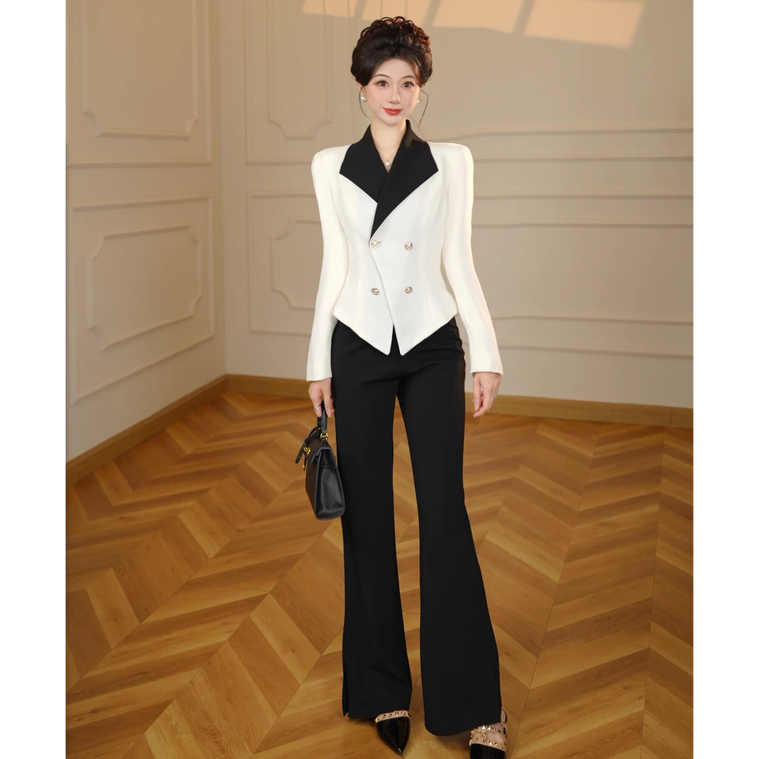 【张小小】【两件套】【有里布】显瘦气质极简拼接名媛外套+长裤D3837