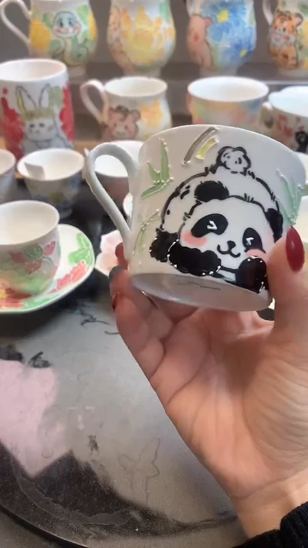 一味*手绘*熊猫竹叶杯