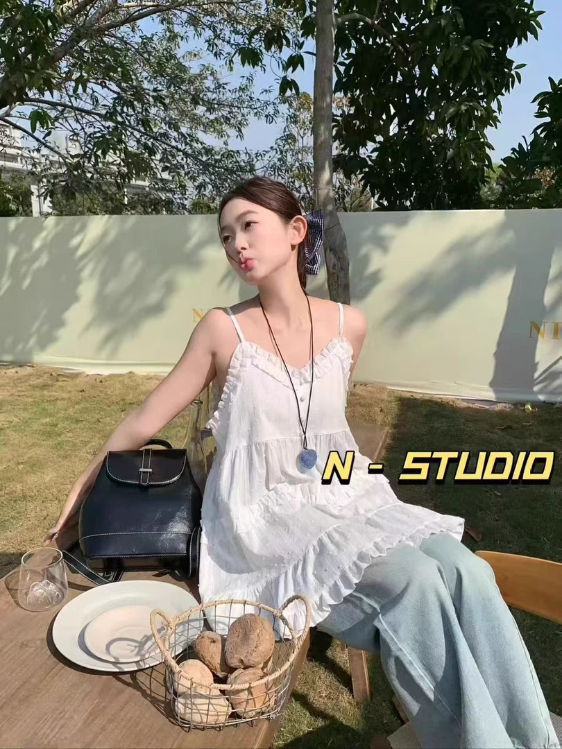 重工韩系甜美木耳边吊带裙减龄显瘦春秋穿搭大码女装吊带上衣内搭