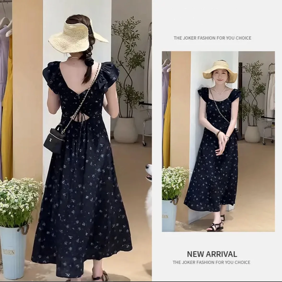 2025年新款夏季绝美小裙子温柔风中长款镂空绑带飞飞袖碎花连衣裙