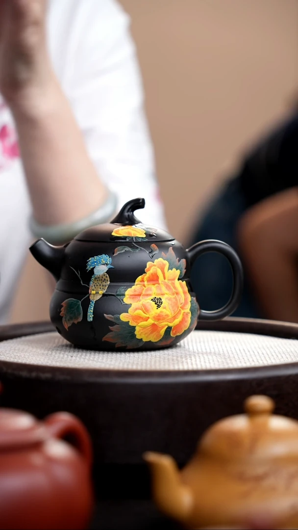 茶壶紫砂洸黑色葫芦壶泥绘蓝鸟