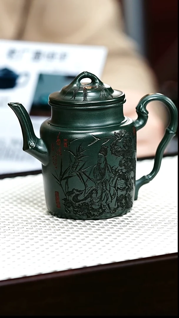 茶壶紫砂宜兴紫砂 高竹节 绿泥 h633