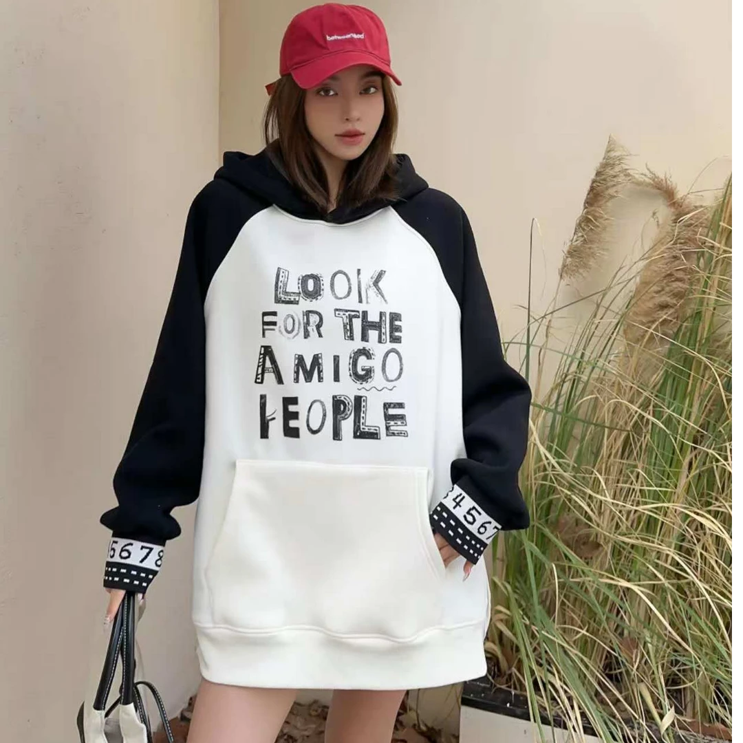 250111冬季上新韩版宽松设计感加绒加厚撞色连帽卫衣